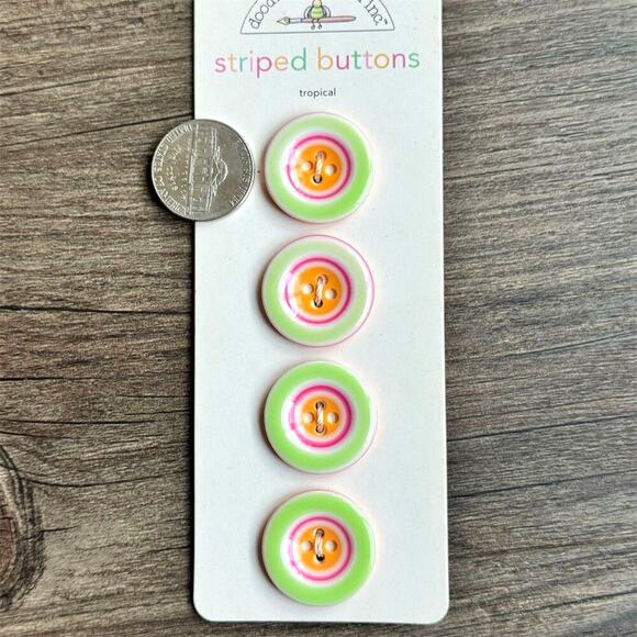 NEW Vintage Y2K Doodlebug Tropical Striped Buttons Set of 4 Green Pink Orange - Picture 3 of 4
